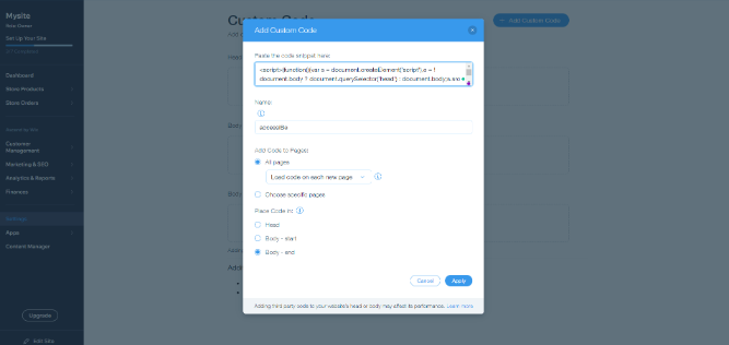 Screenshot of add custom code