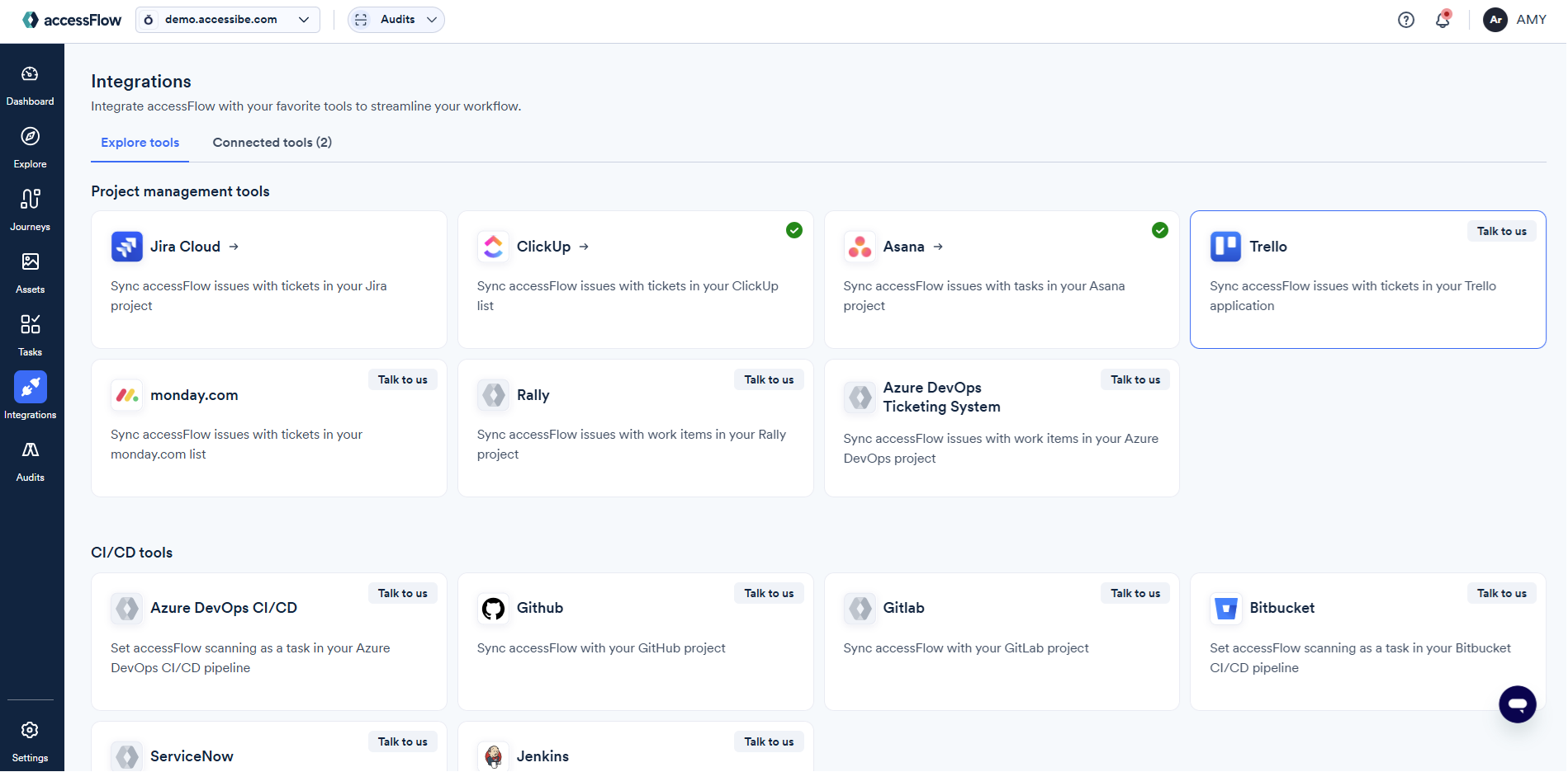 Screenshot of integrations