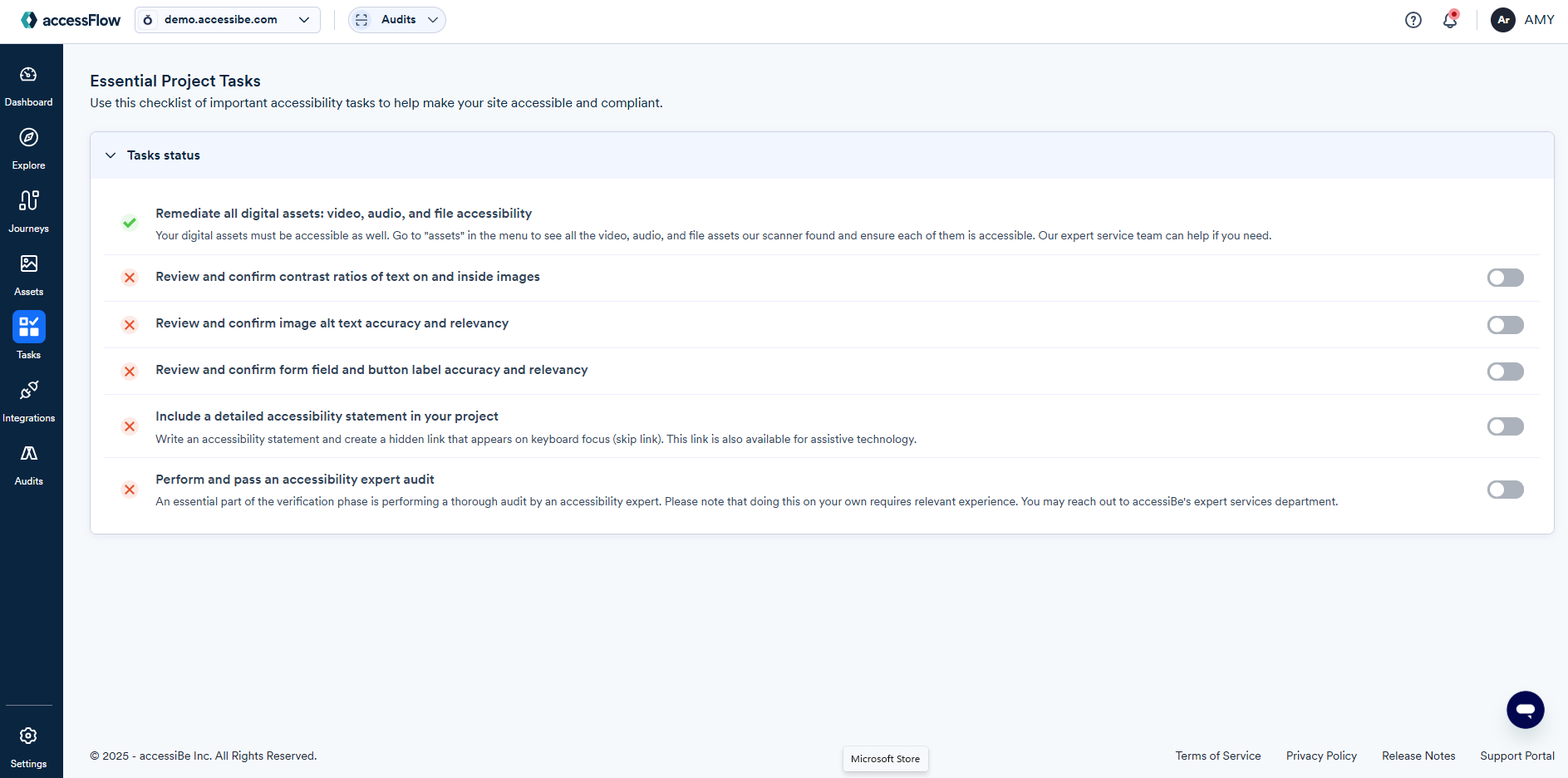 Screenshot of task checklist